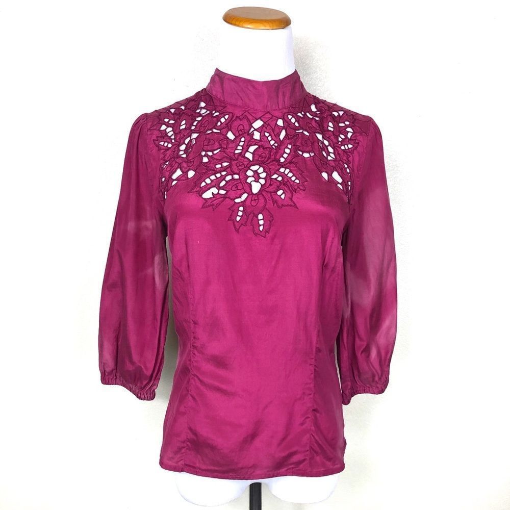 🛍 4/$20 ASOS Fuchsia Pink Embroidered Eyelet Mock-neck Top